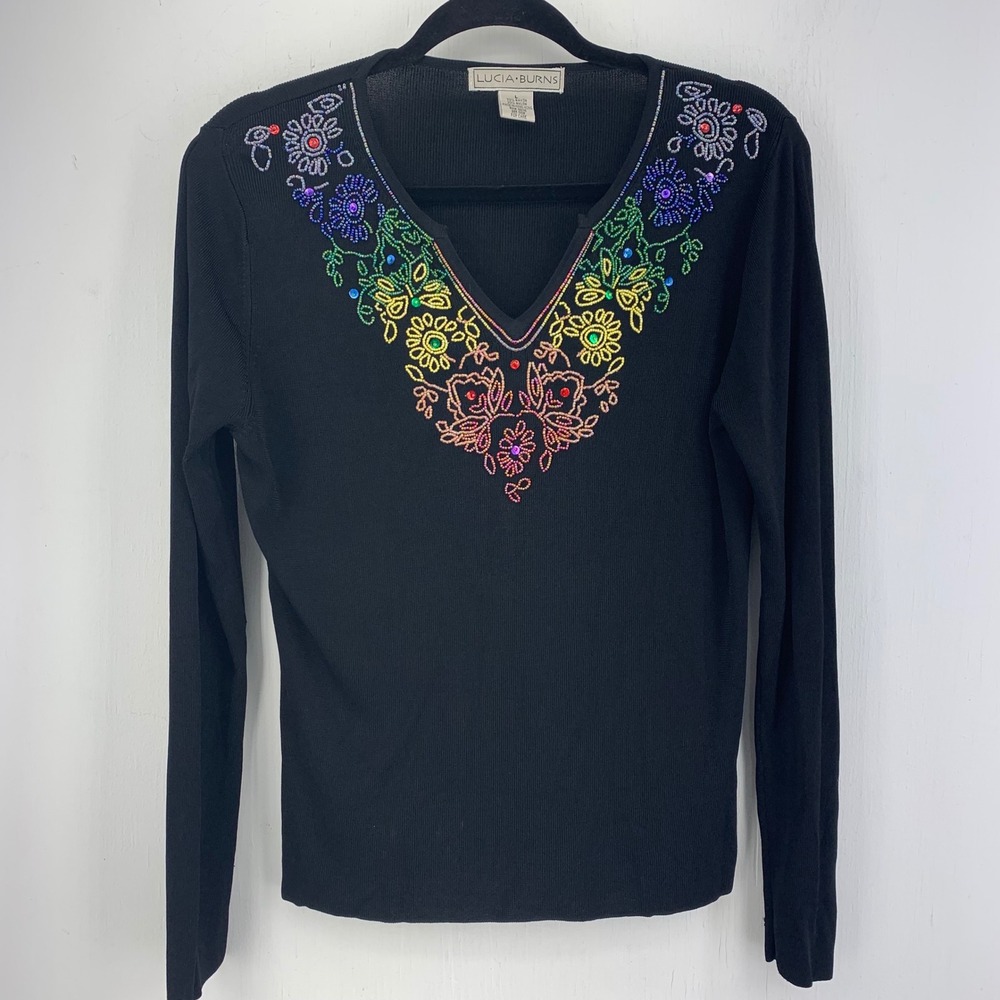 Y2K Lucia Burns Womens Large Colorful Beaded Floral Top Artsy Boho Whimsigoth